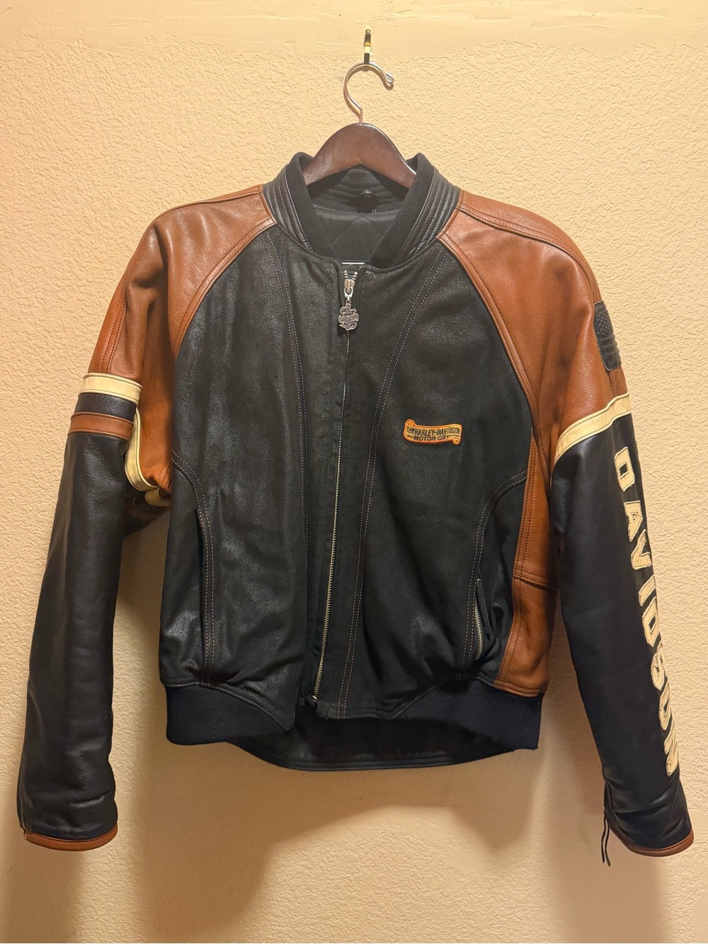 Authentic Harley Davidson Motorcycle Logo Leather Jacket Black Brown Size L